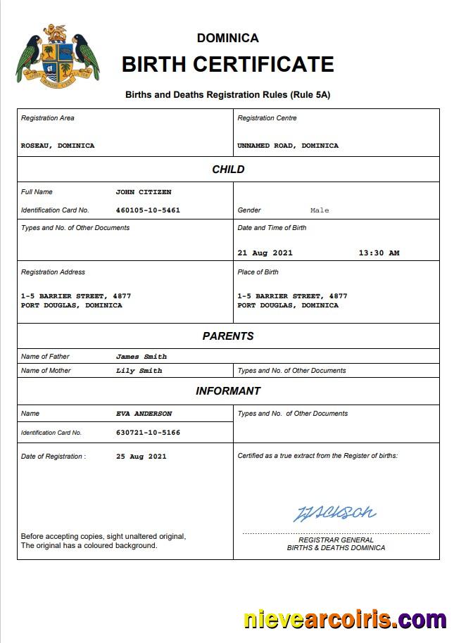 Dominica vital record birth certificate